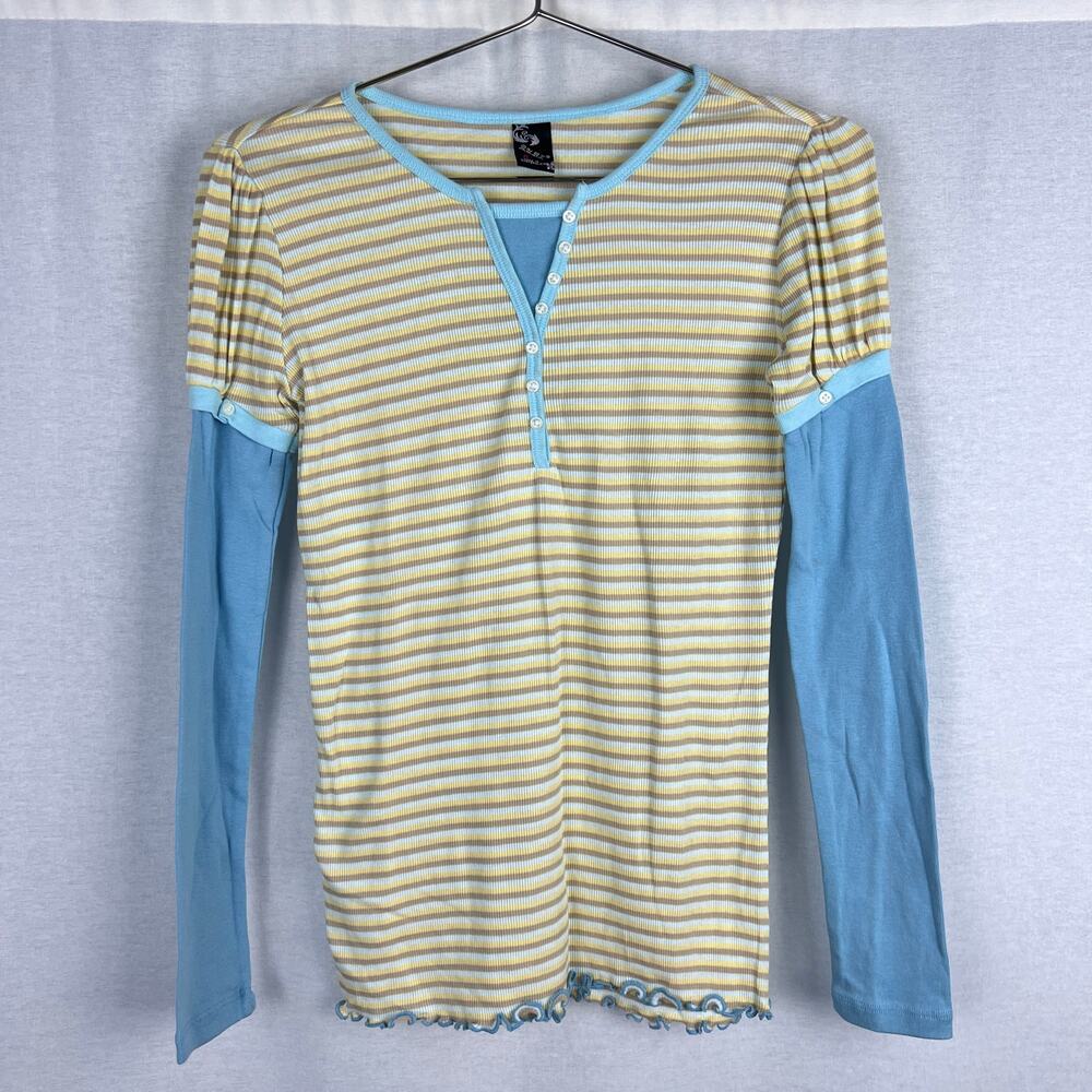 Vintage Y2K Twofer Shirt Womens Medium Henley Long Sleeves Blue Striped Girlhood